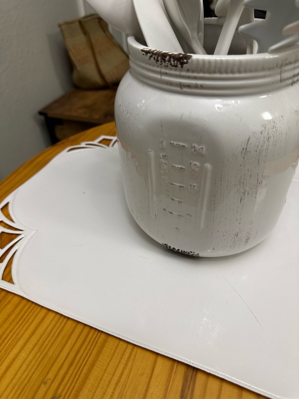 White Distressed Mason Jar Utensil Holder with Utensils - Picture 7 of 9